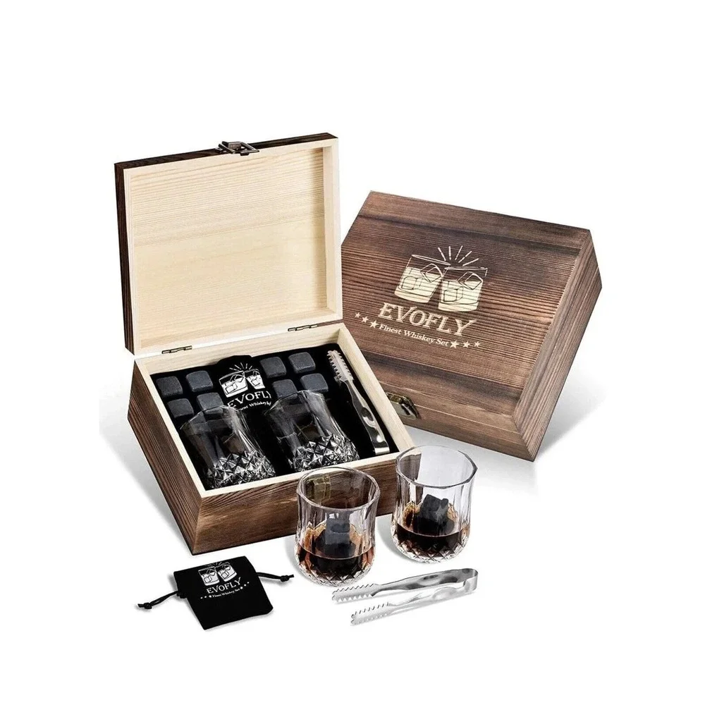 NEW Evofly Finest Whiskey Set - 8 Chilling Stones 2 Glasses Tongs Wood Box Gift